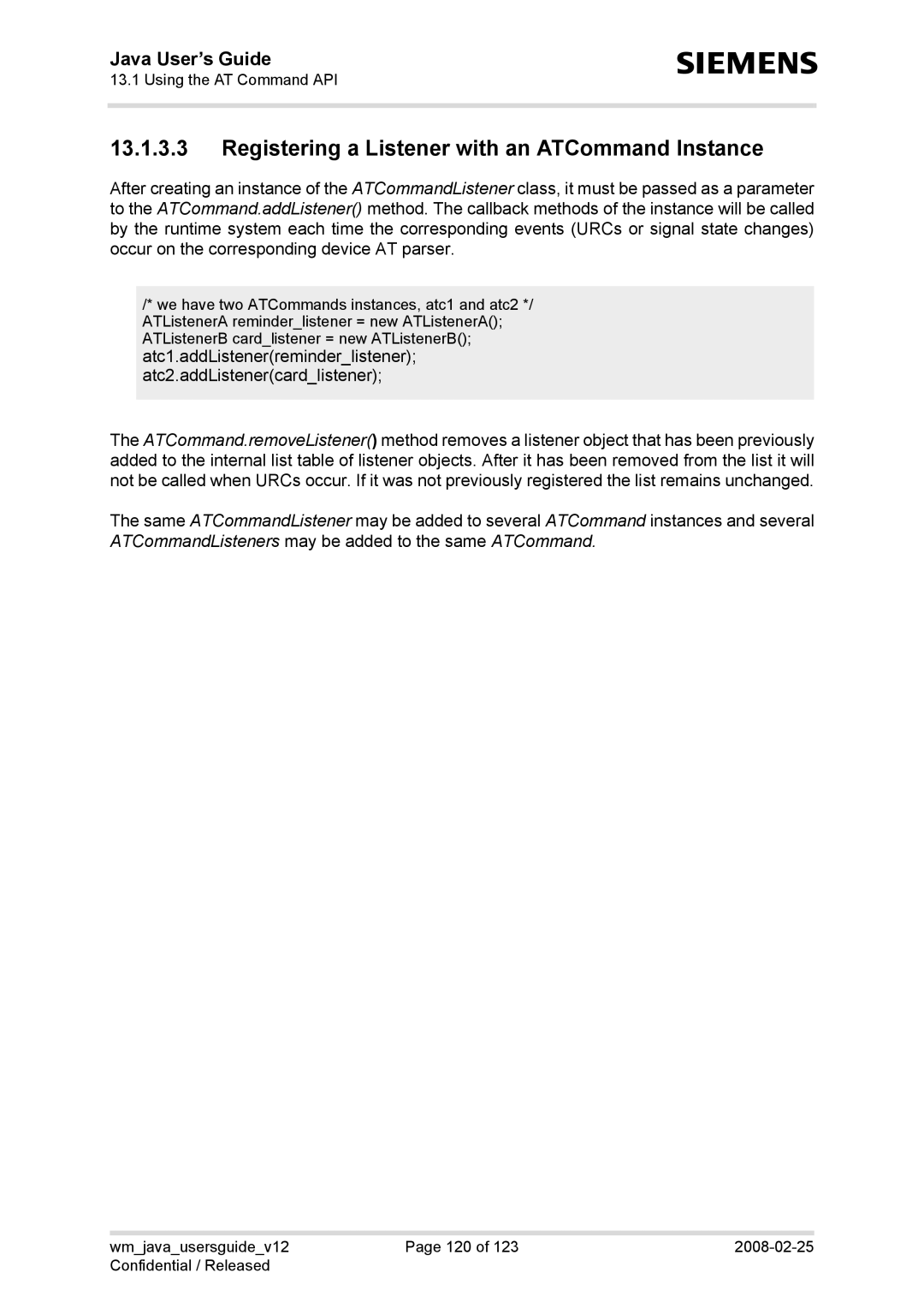 Siemens TC65, AC65, XT75, XT65 manual Registering a Listener with an ATCommand Instance 