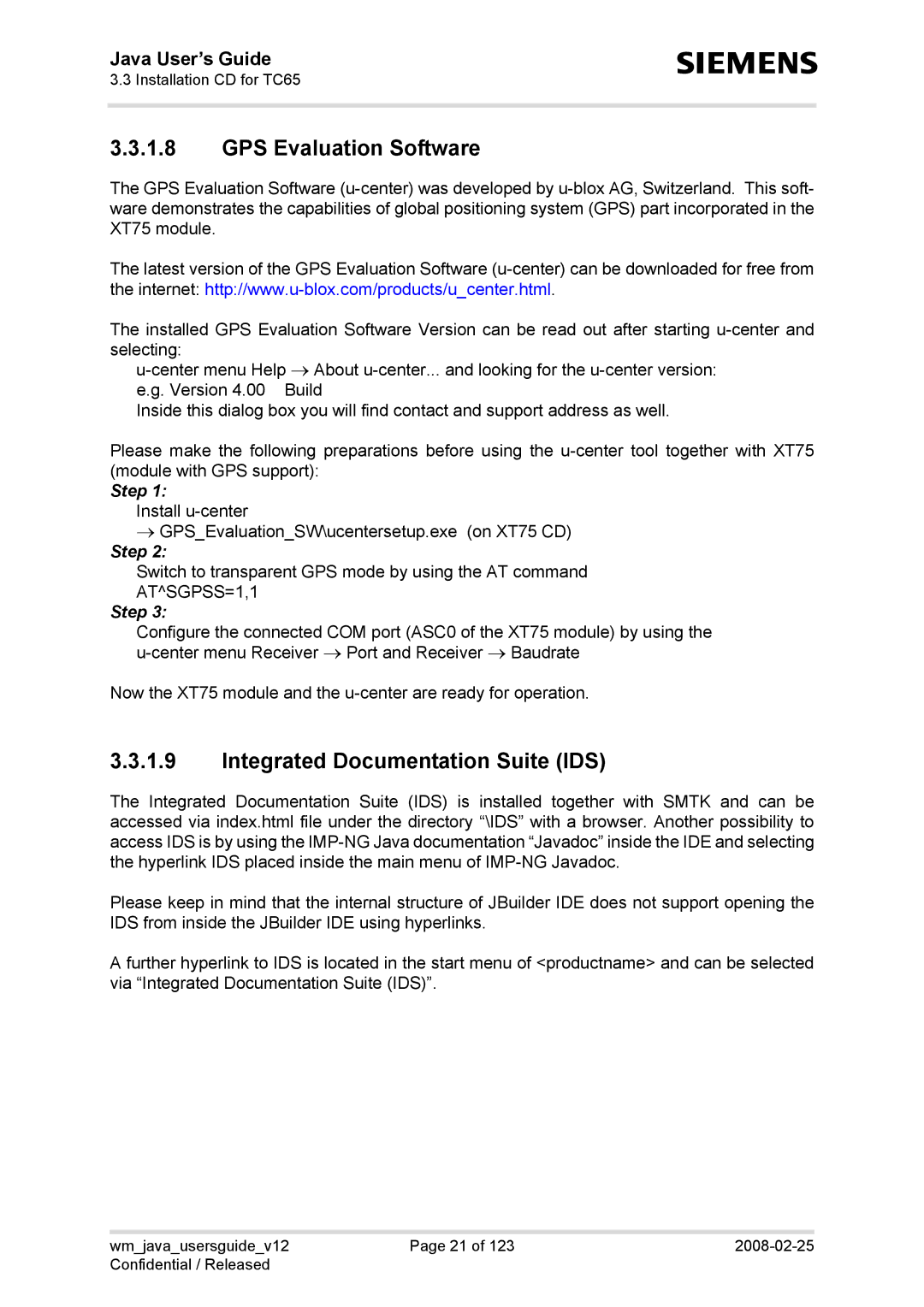 Siemens AC65, TC65, XT75, XT65 manual GPS Evaluation Software, Integrated Documentation Suite IDS 