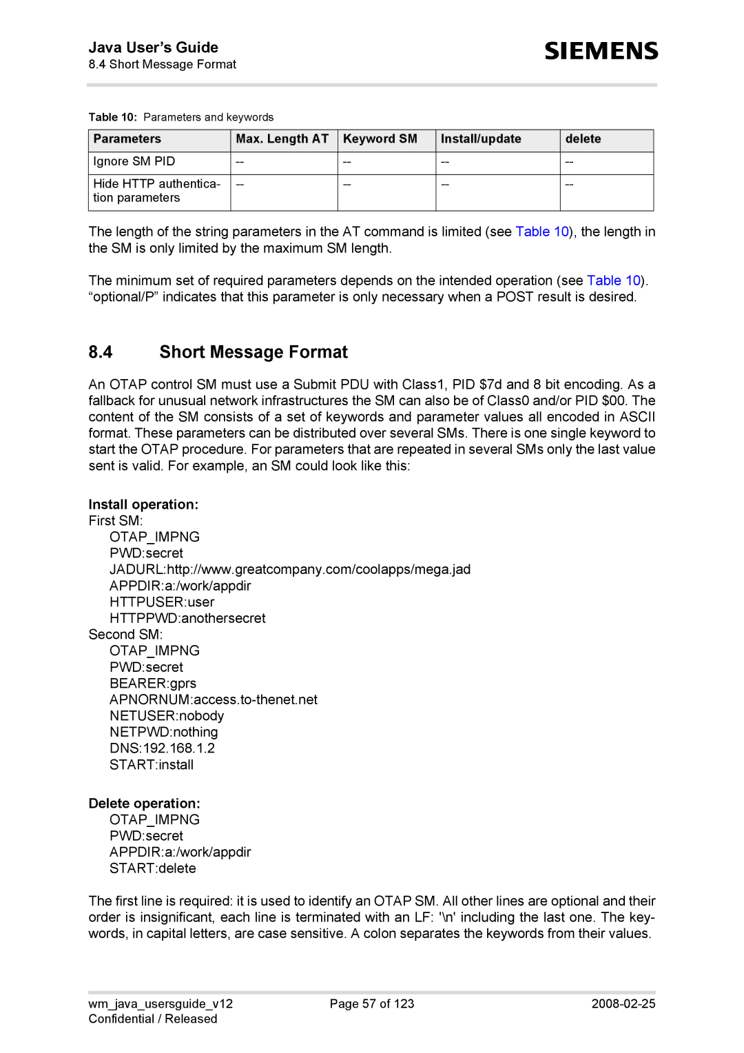 Siemens AC65, TC65, XT75, XT65 manual Short Message Format, Install operation, Delete operation 