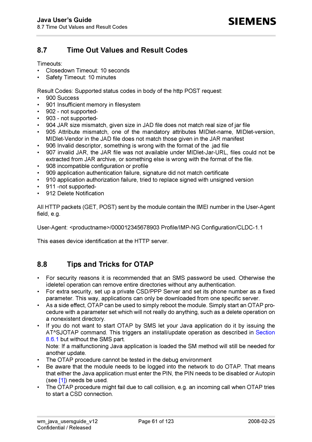 Siemens AC65, TC65, XT75, XT65 manual Time Out Values and Result Codes, Tips and Tricks for Otap 