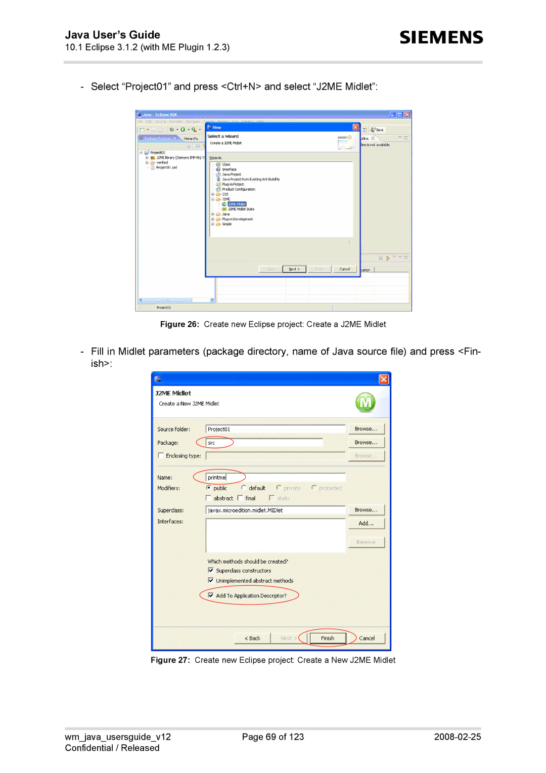 Siemens AC65, TC65, XT75, XT65 manual Select Project01 and press Ctrl+N and select J2ME Midlet 