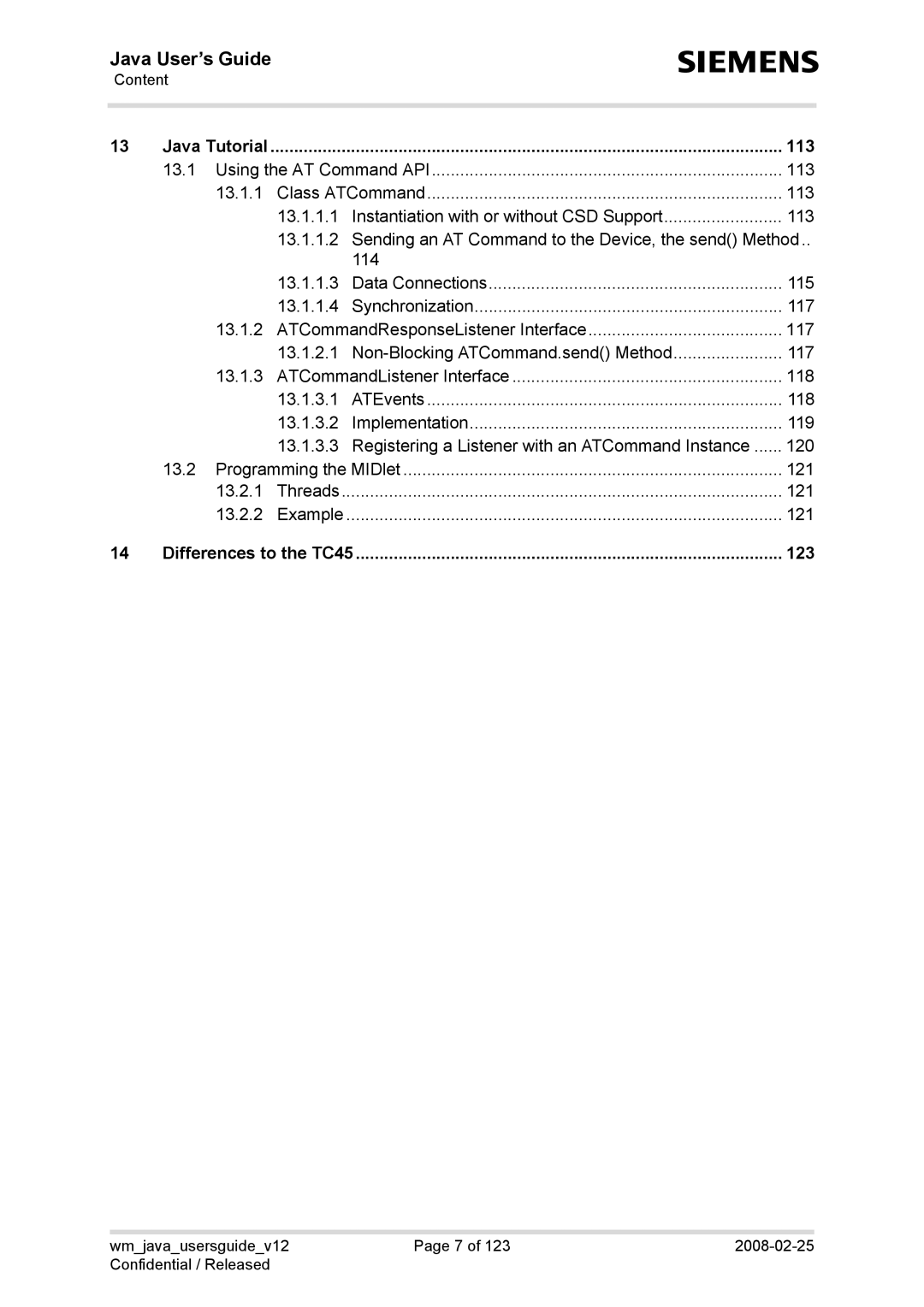 Siemens XT65, TC65, AC65, XT75 manual Java Tutorial 113, Differences to the TC45 123 