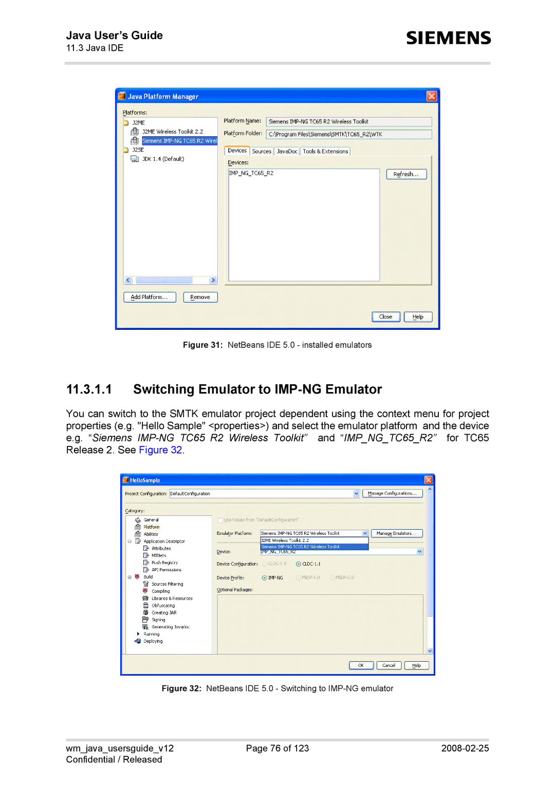 Siemens TC65, AC65, XT75, XT65 manual Switching Emulator to IMP-NG Emulator, NetBeans IDE 5.0 installed emulators 