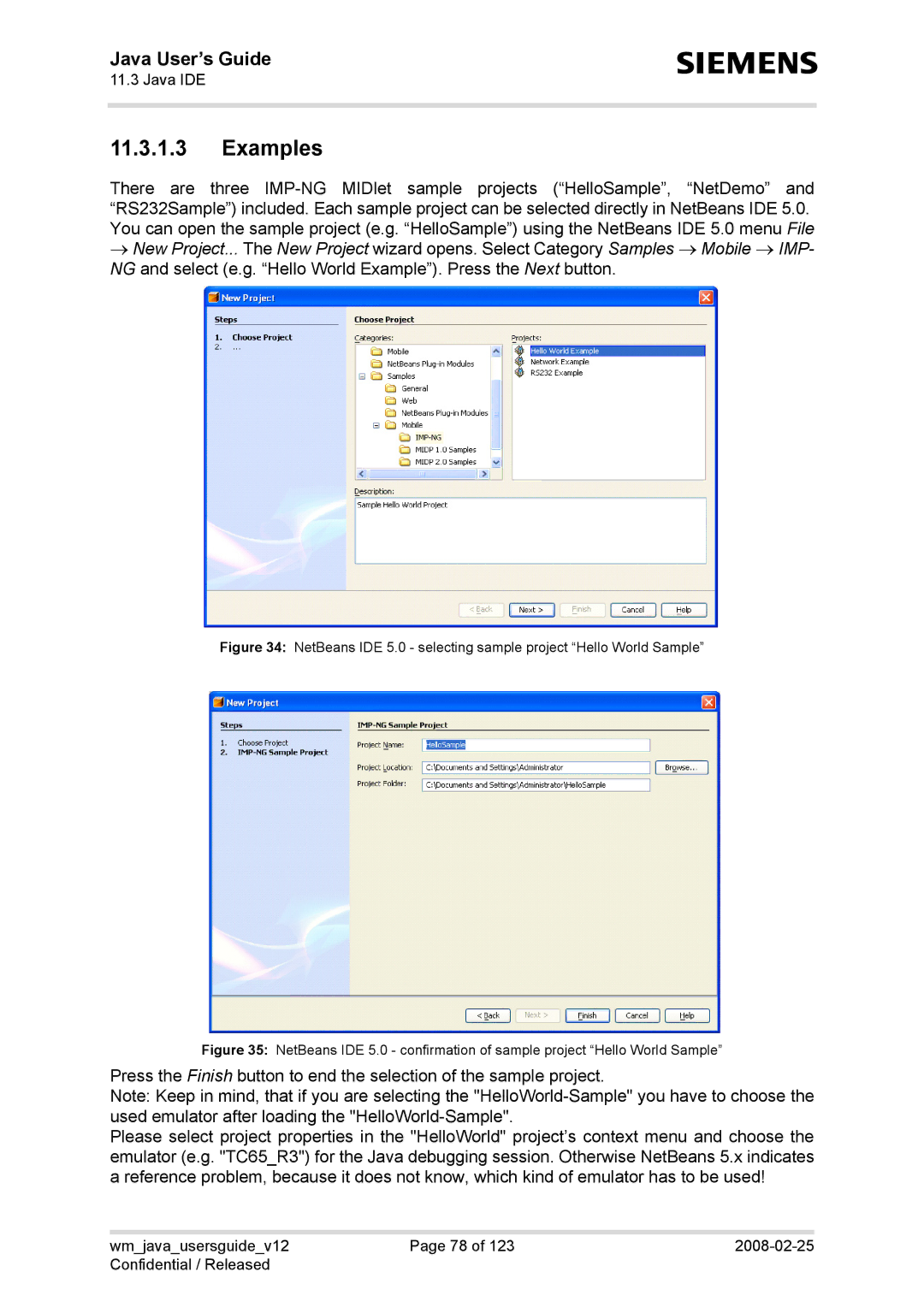 Siemens XT75, TC65, AC65, XT65 manual Examples, NetBeans IDE 5.0 selecting sample project Hello World Sample 