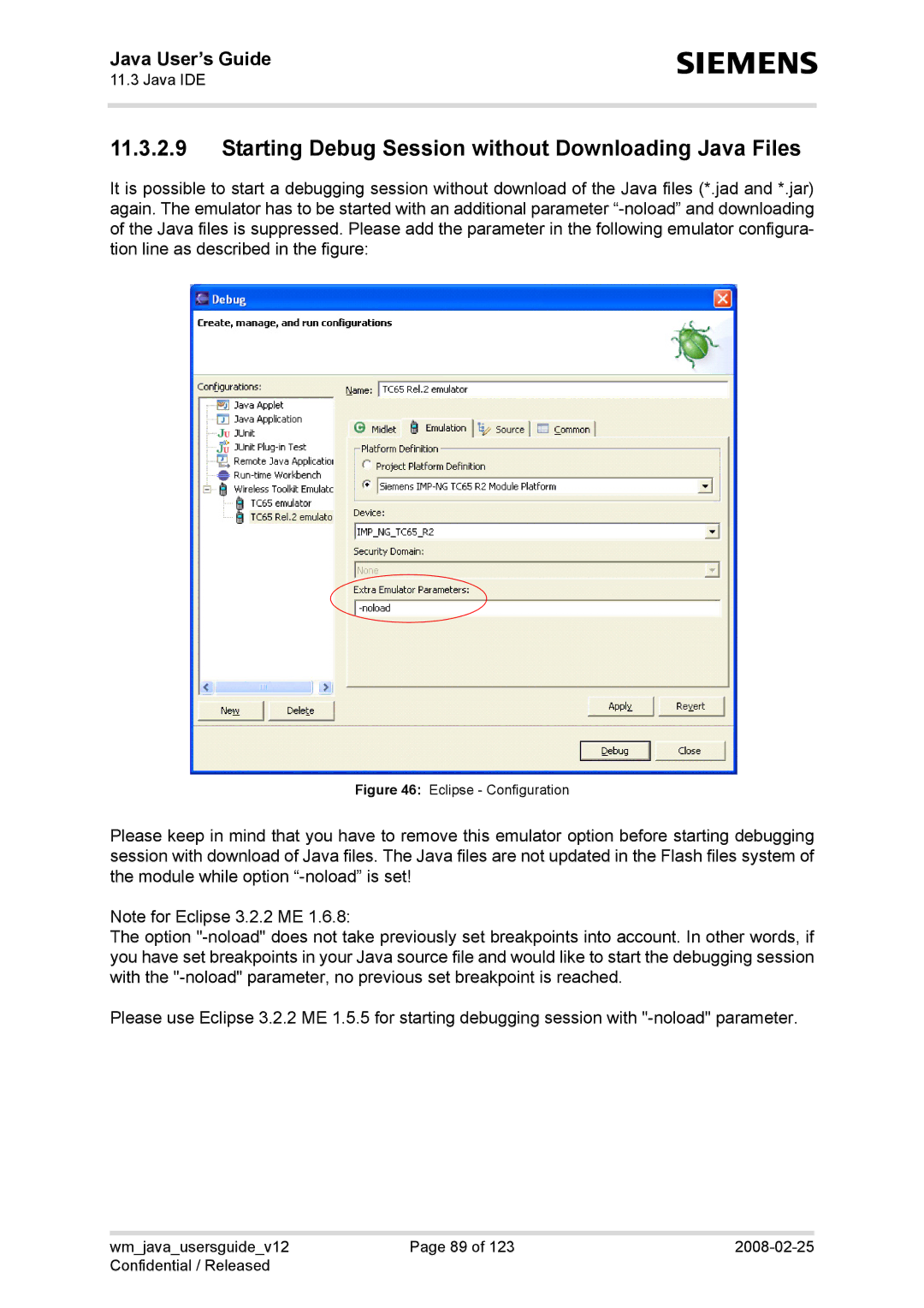 Siemens AC65, TC65, XT75, XT65 manual Starting Debug Session without Downloading Java Files 