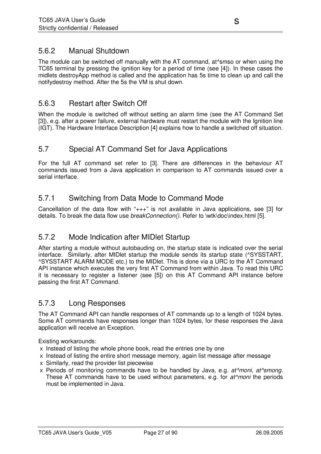 Siemens TC65 manual Manual Shutdown, Restart after Switch Off, Special AT Command Set for Java Applications, Long Responses 
