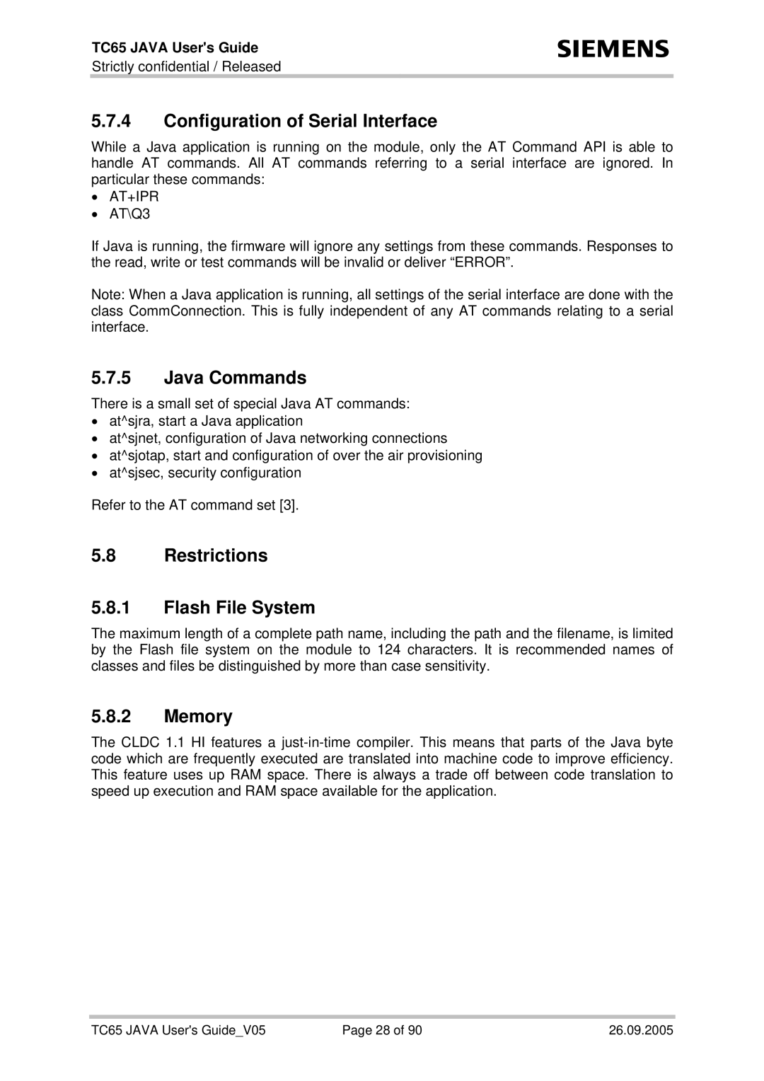 Siemens TC65 manual Configuration of Serial Interface, Java Commands, Restrictions Flash File System, Memory 