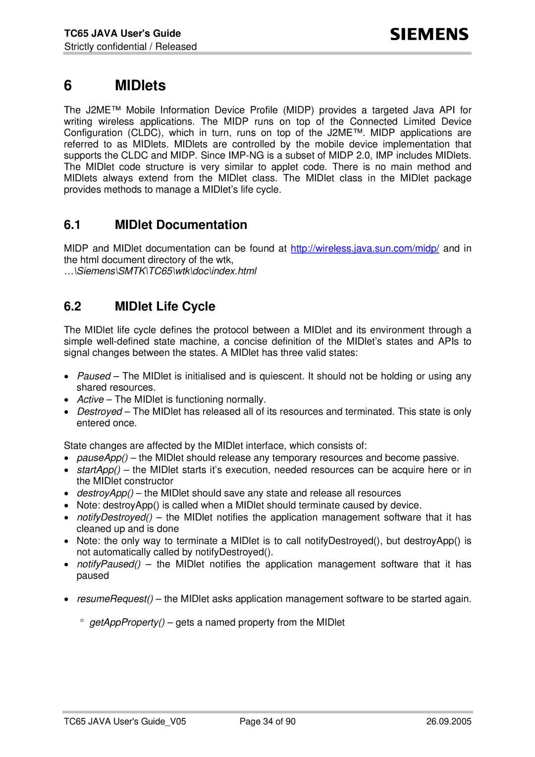 Siemens TC65 manual MIDlets, MIDlet Documentation MIDlet Life Cycle 