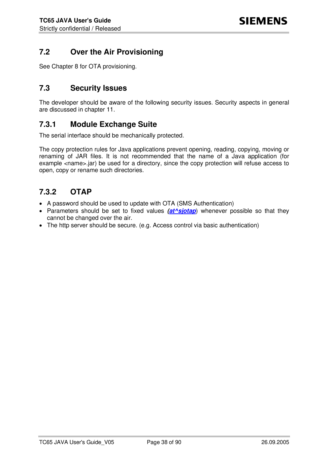 Siemens TC65 manual Over the Air Provisioning, Security Issues, Otap 