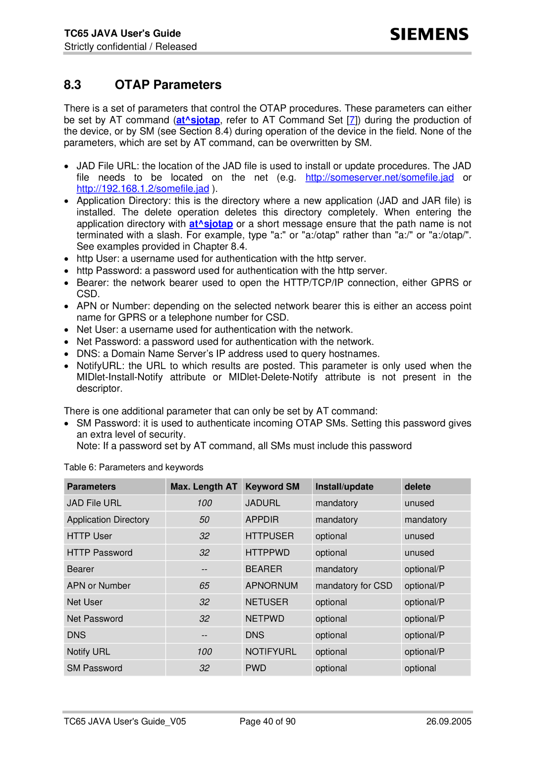 Siemens TC65 manual Otap Parameters, Parameters Max. Length AT Keyword SM Install/update Delete 