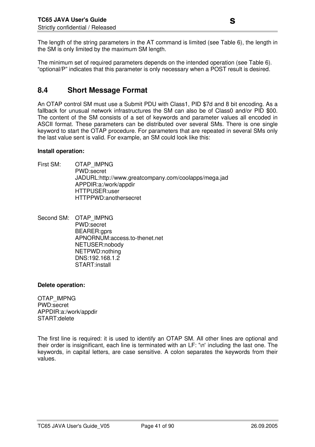 Siemens TC65 manual Short Message Format, Install operation, Delete operation 