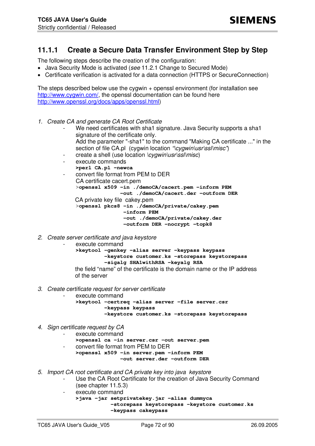 Siemens TC65 manual Create a Secure Data Transfer Environment Step by Step, Create CA and generate CA Root Certificate 