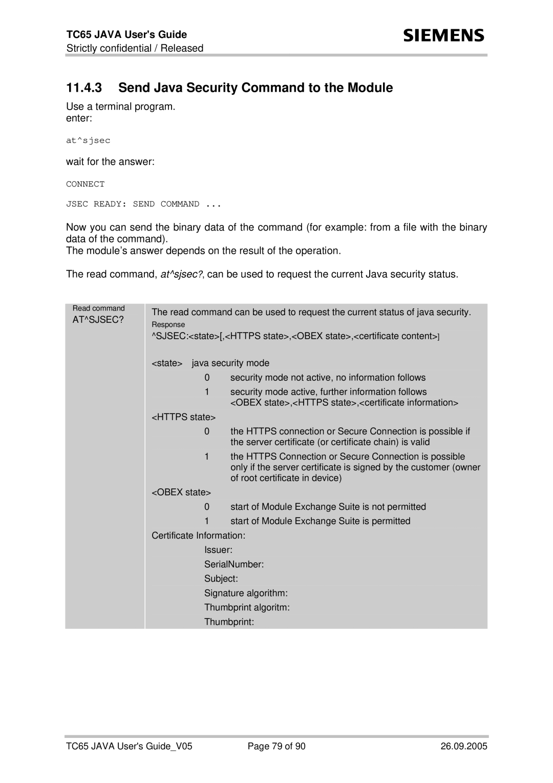 Siemens TC65 manual Send Java Security Command to the Module, Atsjsec? 