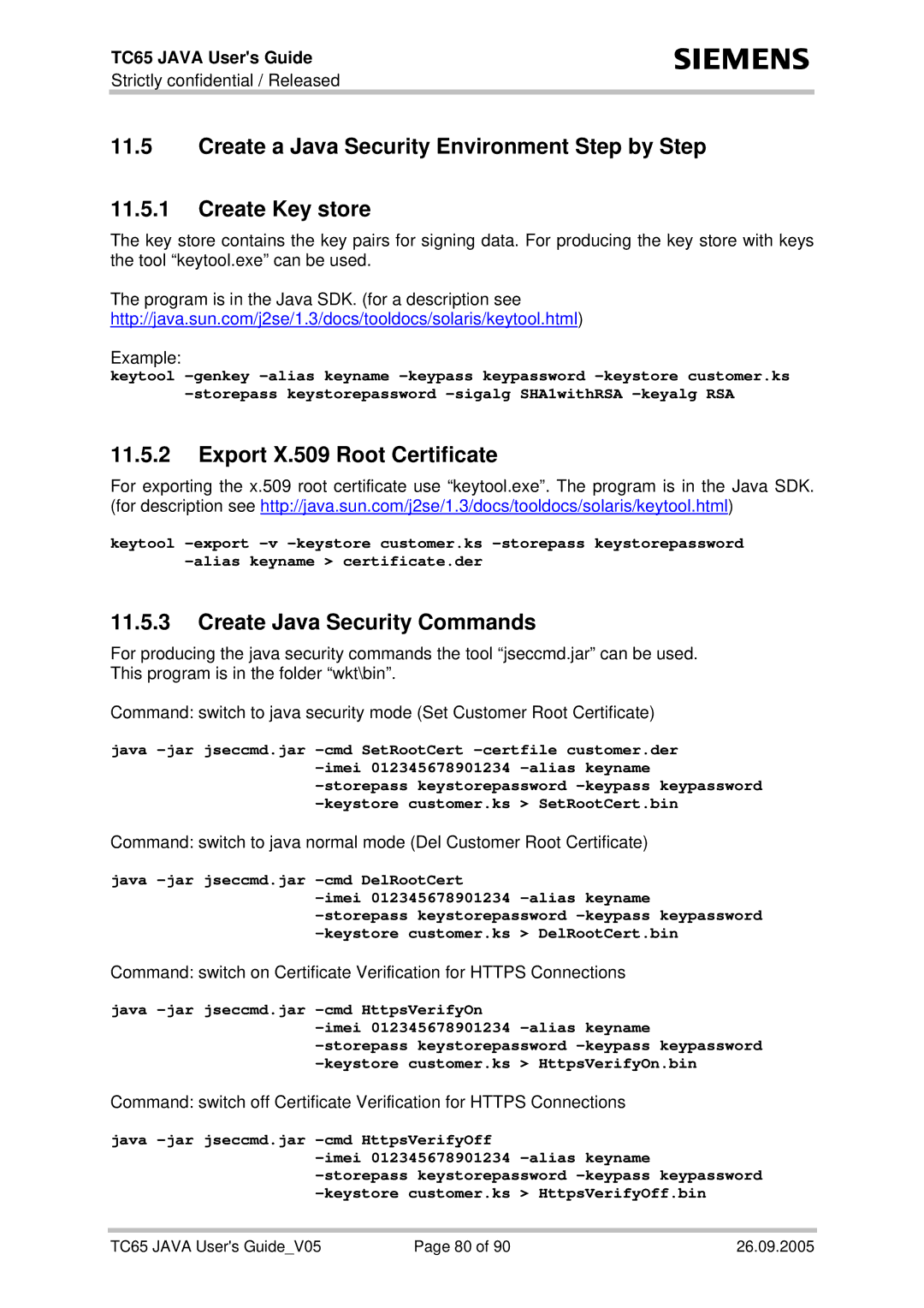 Siemens TC65 manual Export X.509 Root Certificate, Create Java Security Commands 