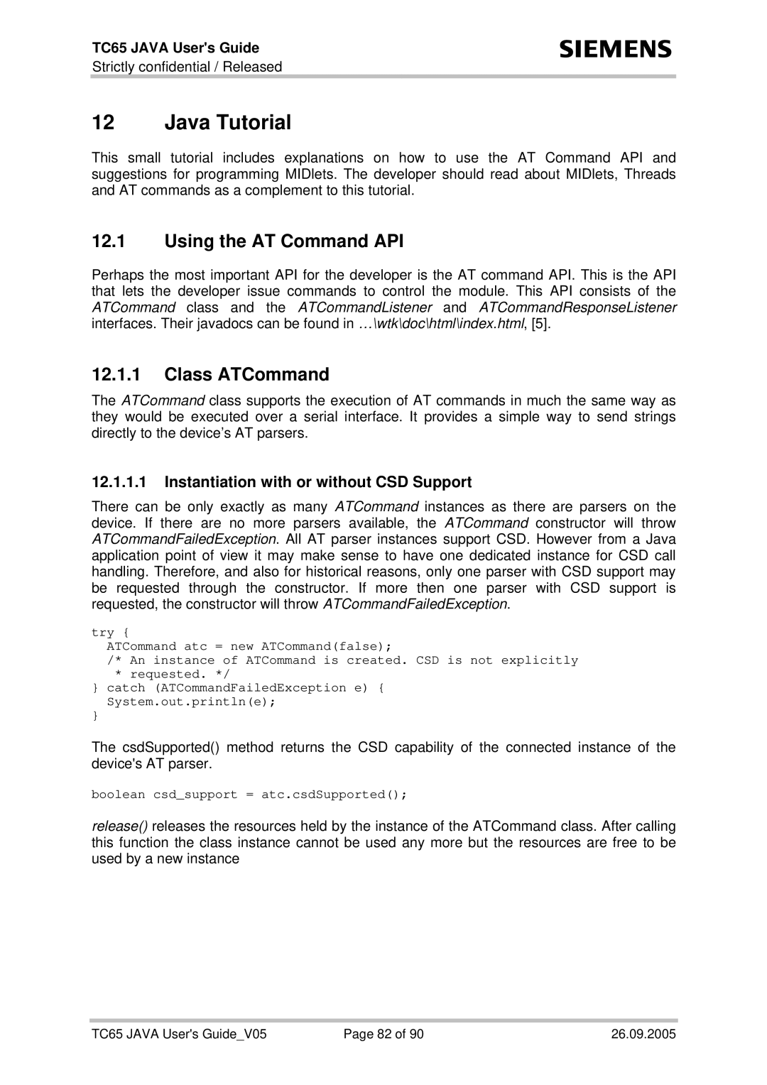 Siemens TC65 manual Java Tutorial, Using the AT Command API, Class ATCommand, Instantiation with or without CSD Support 