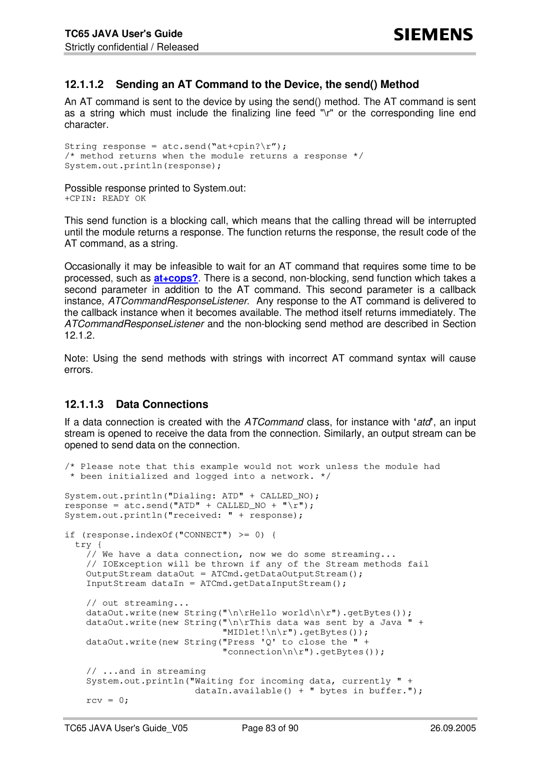 Siemens TC65 manual Sending an AT Command to the Device, the send Method, Data Connections 