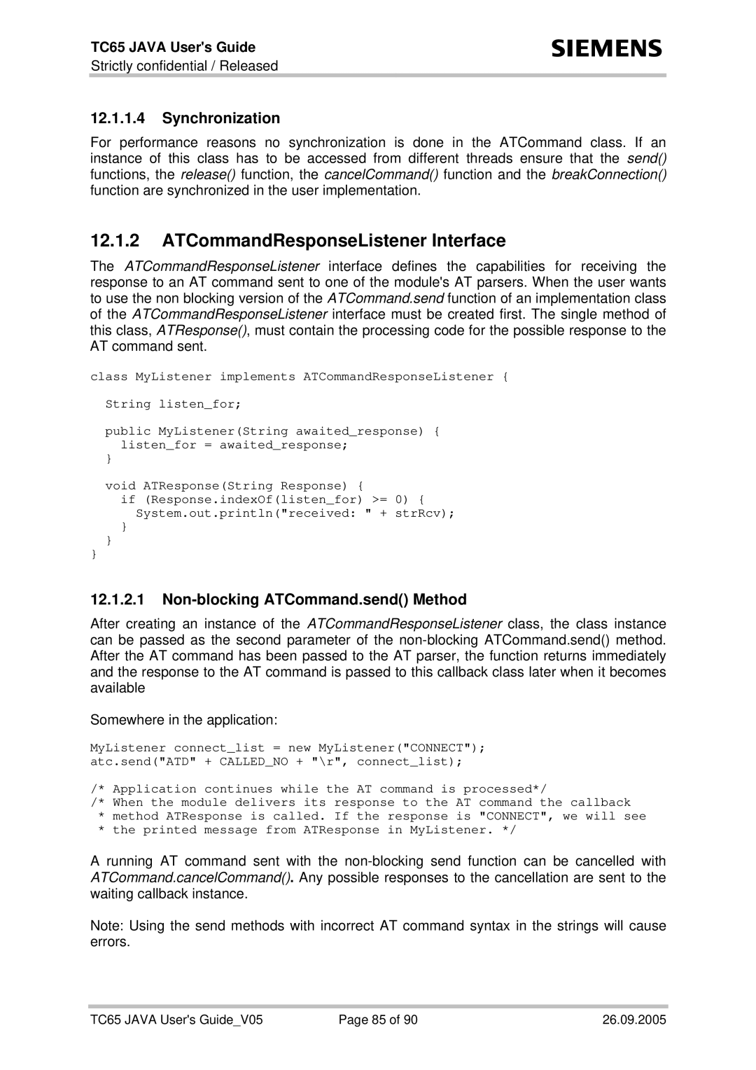 Siemens TC65 manual ATCommandResponseListener Interface, Synchronization, Non-blocking ATCommand.send Method 