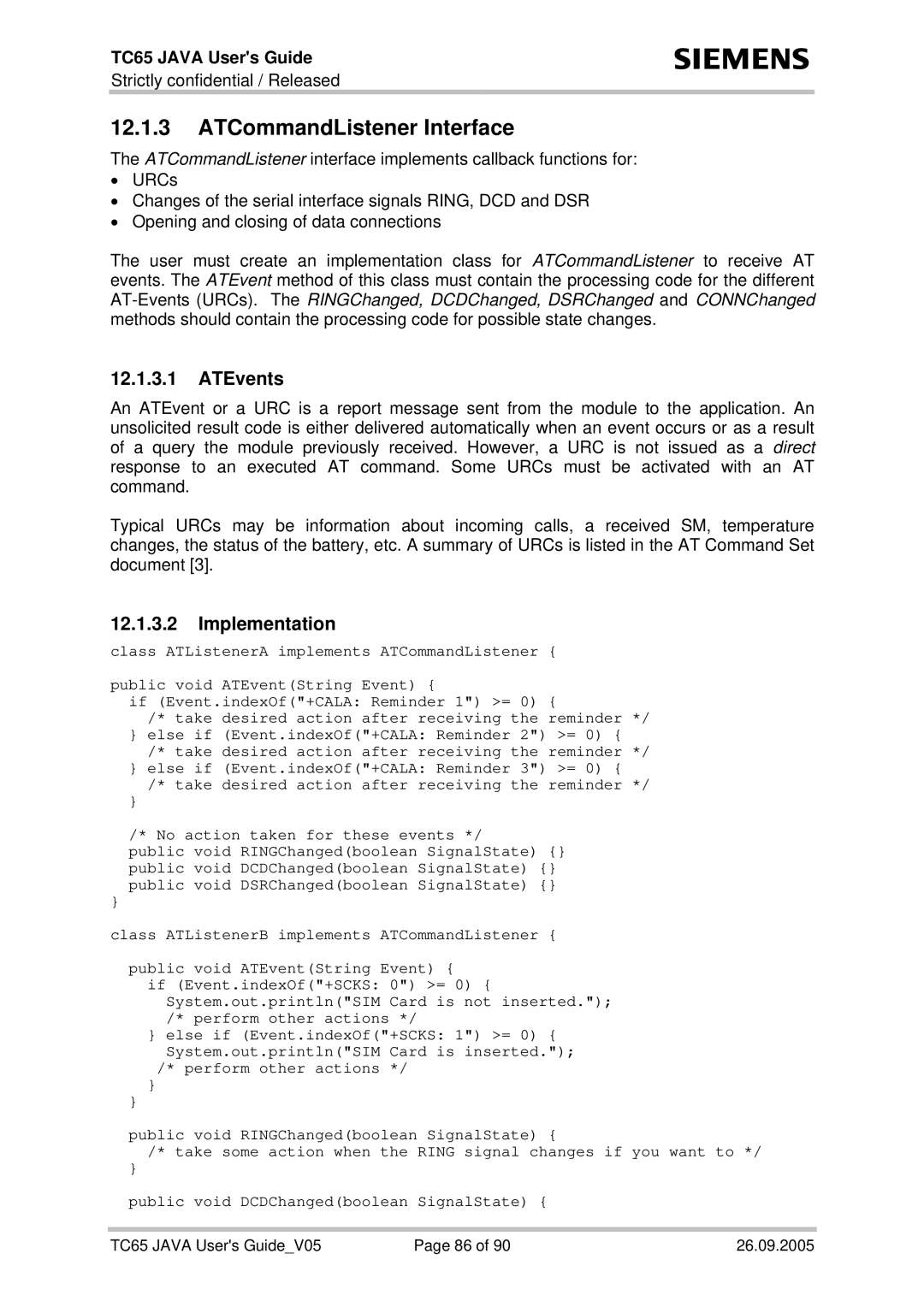 Siemens TC65 manual ATCommandListener Interface, ATEvents, Implementation 