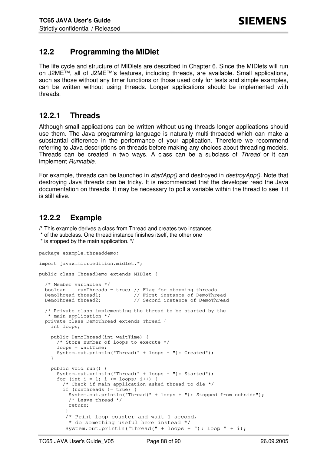 Siemens TC65 manual Programming the MIDlet, Threads, Example 