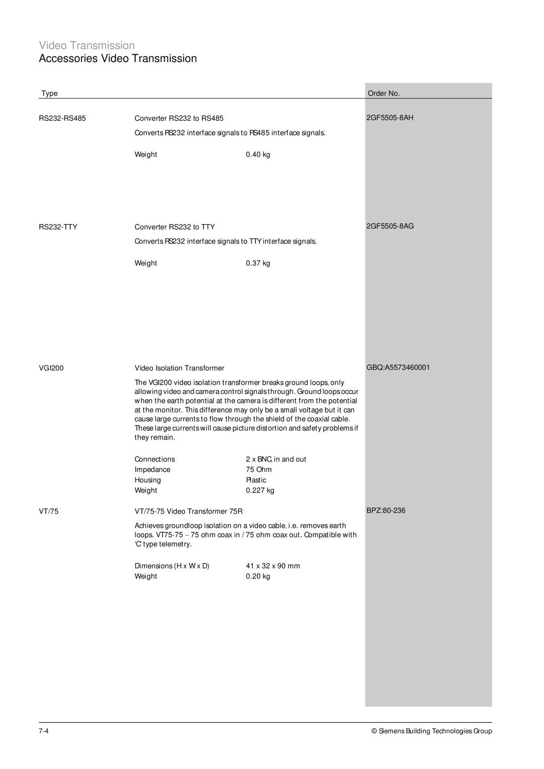 Siemens TFT, CRT manual Accessories Video Transmission, RS232-TTY 