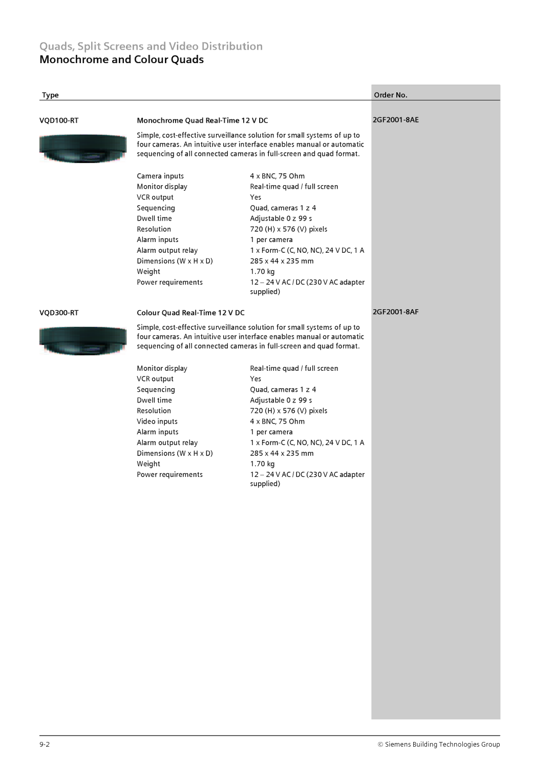 Siemens TFT Monochrome and Colour Quads, VQD100-RT, Monochrome Quad Real-Time 12 V DC 2GF2001-8AE, VQD300-RT, 2GF2001-8AF 