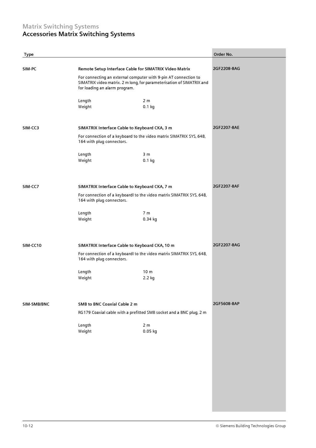 Siemens TFT, CRT manual Accessories Matrix Switching Systems 