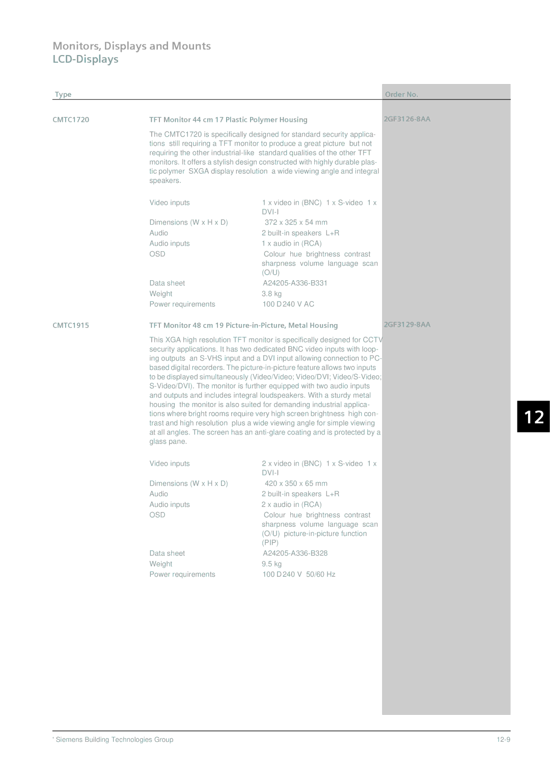 Siemens CRT, TFT manual Speakers Video inputs Video in BNC‚ 1 x S-video‚ 1 