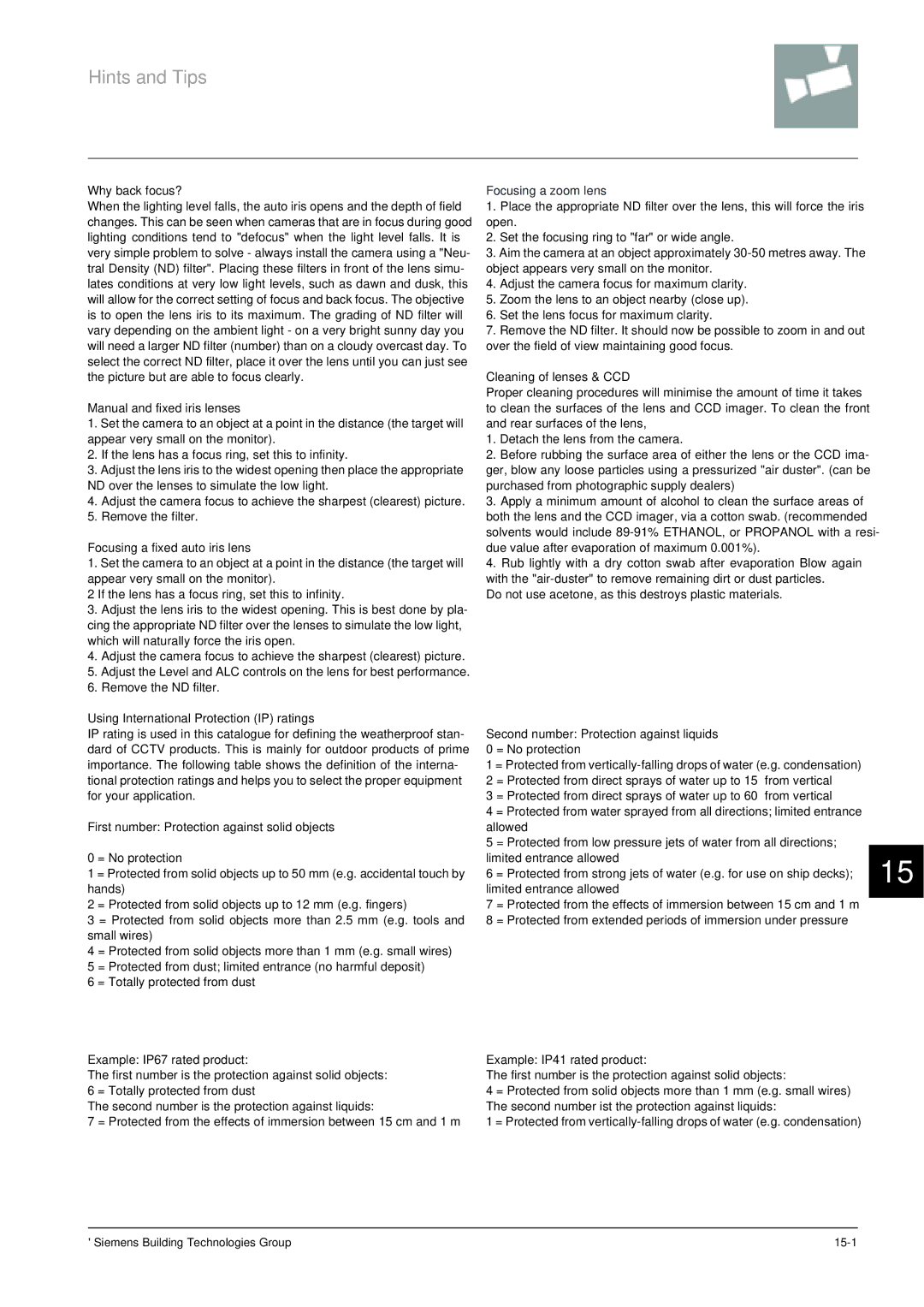 Siemens CRT, TFT manual Why back focus?, Manual and fixed iris lenses, Focusing a fixed auto iris lens, Focusing a zoom lens 