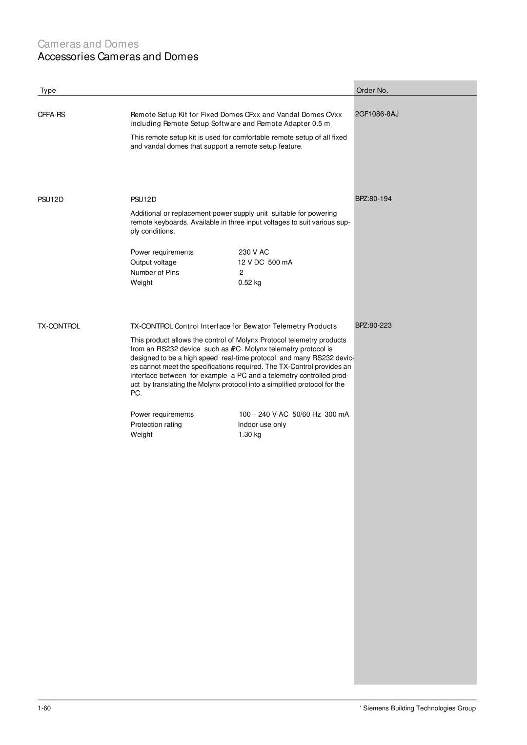 Siemens TFT Cffa-Rs, Vandal domes that support a remote setup feature, PSU12DPSU12D, 2GF1086-8AJ BPZ80-194, Tx-Control 