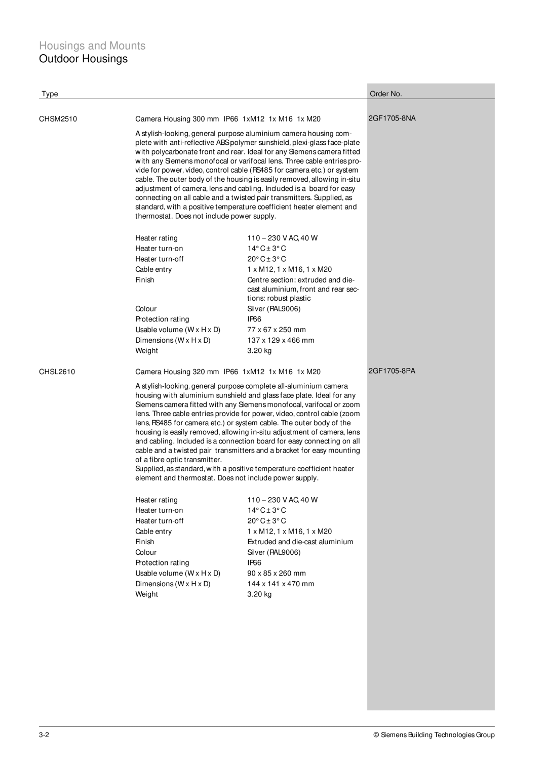 Siemens TFT, CRT manual Housings and Mounts, Outdoor Housings 