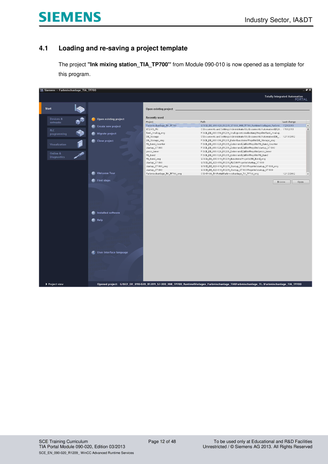 Siemens TIA Portal Module 090-020 manual Loading and re-saving a project template 