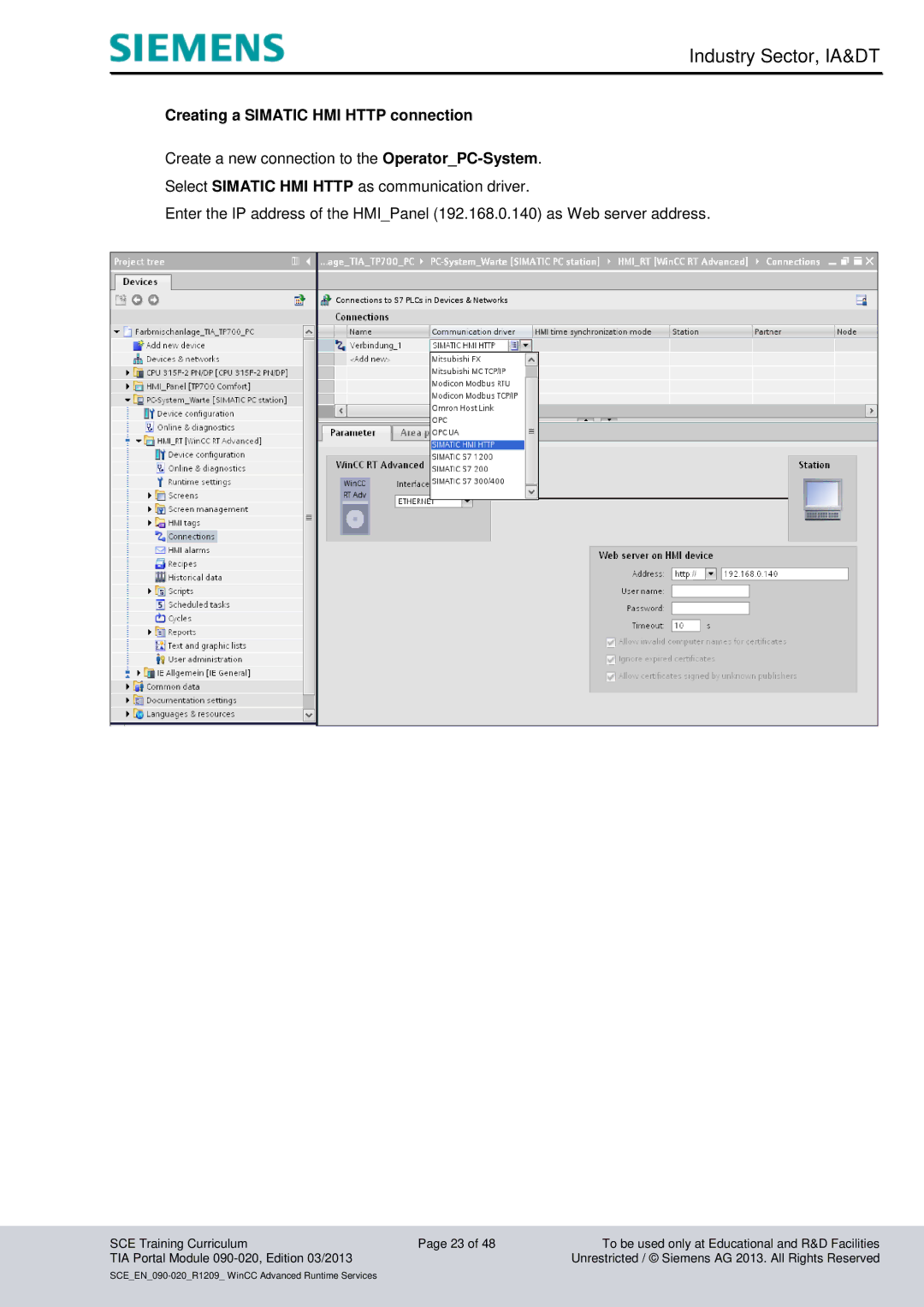 Siemens TIA Portal Module 090-020 manual Creating a Simatic HMI Http connection 