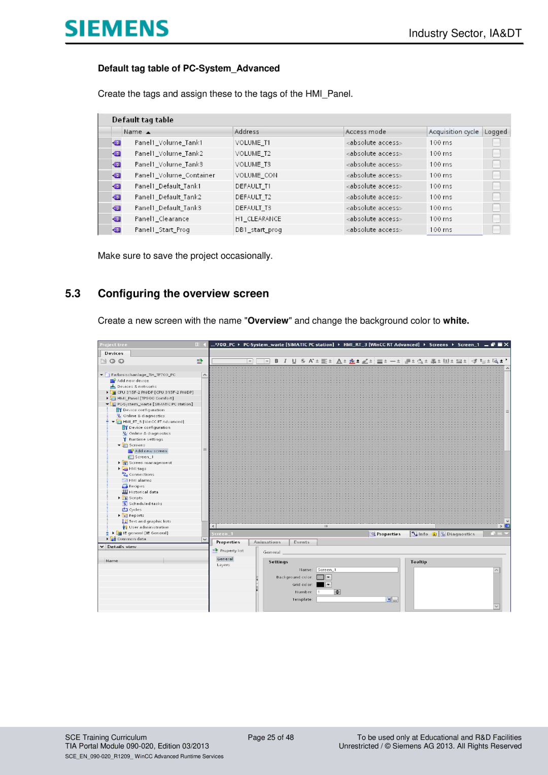 Siemens TIA Portal Module 090-020 manual Configuring the overview screen, Default tag table of PC-SystemAdvanced 