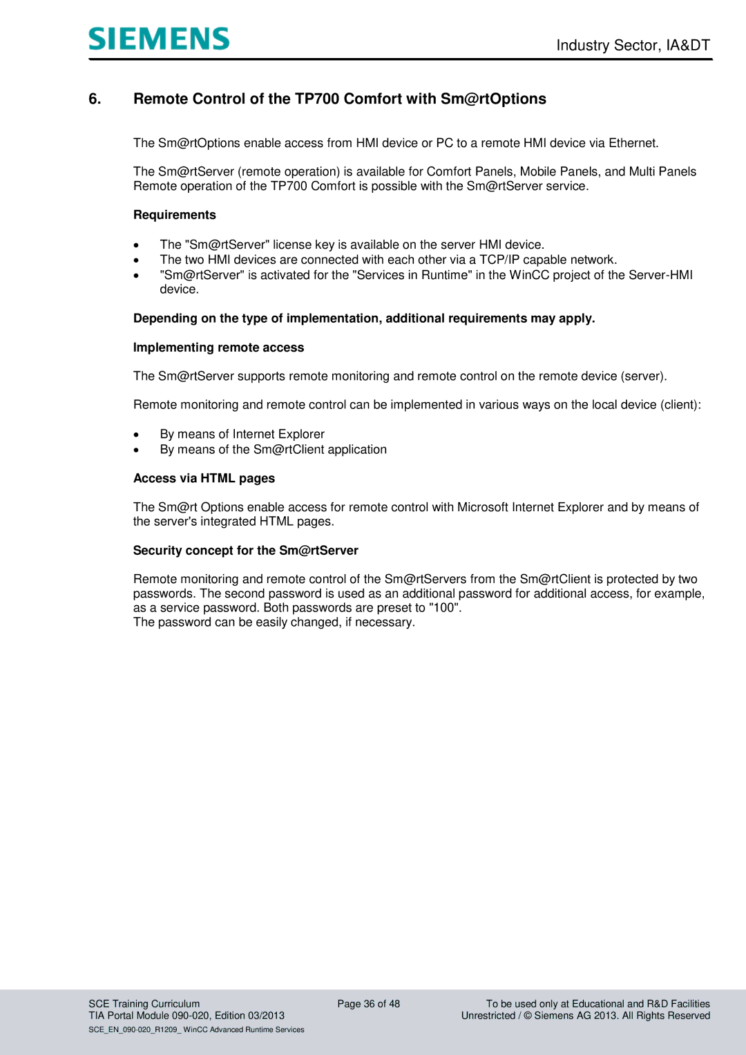 Siemens TIA Portal Module 090-020 manual Remote Control of the TP700 Comfort with Sm@rtOptions, Access via Html pages 