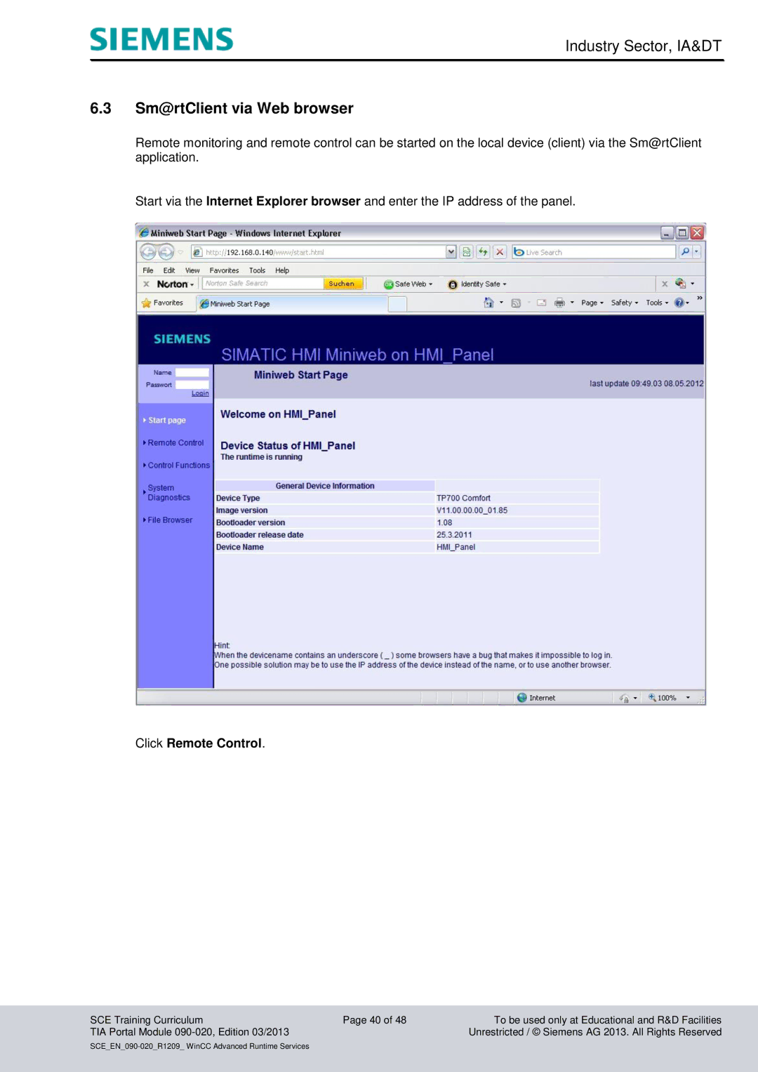 Siemens TIA Portal Module 090-020 manual Sm@rtClient via Web browser, Click Remote Control 