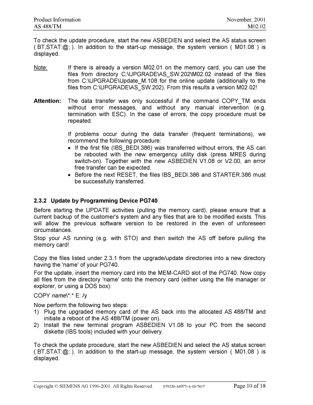 Siemens TM, AS 488 manual Update by Programming Device PG740 