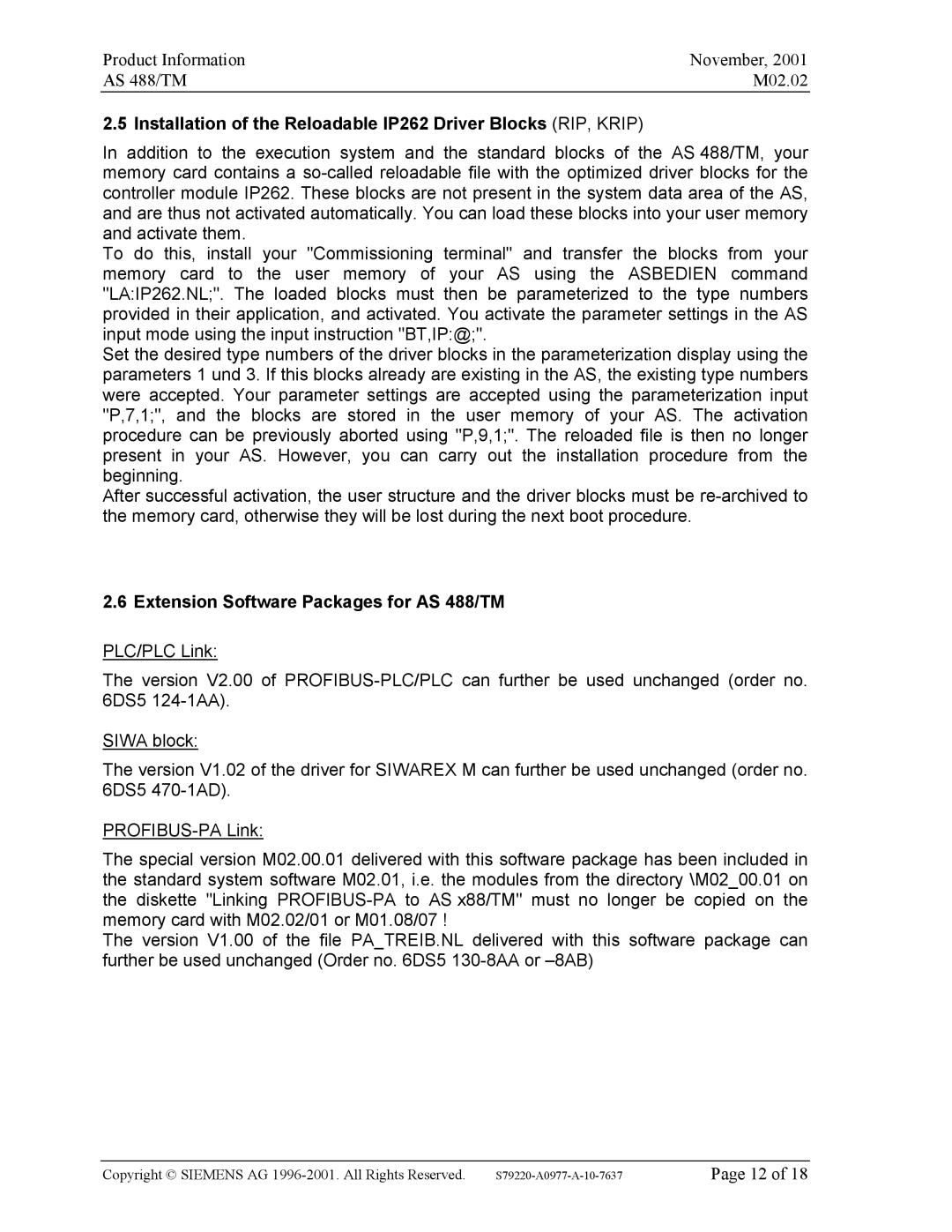 Siemens manual Installation of the Reloadable IP262 Driver Blocks RIP, Krip, Extension Software Packages for AS 488/TM 