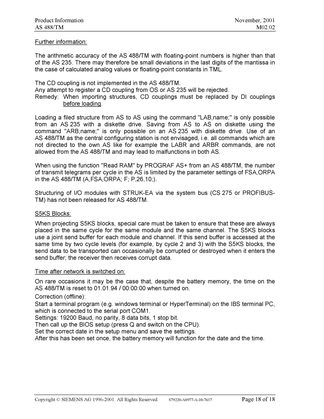 Siemens manual Product Information November AS 488/TM M02.02 