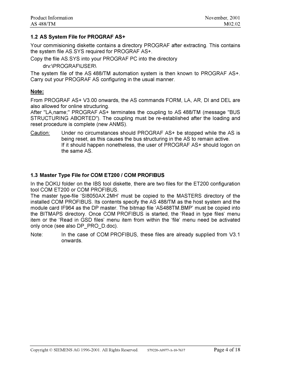 Siemens TM, AS 488 manual AS System File for Prograf AS+, Master Type File for COM ET200 / COM Profibus 
