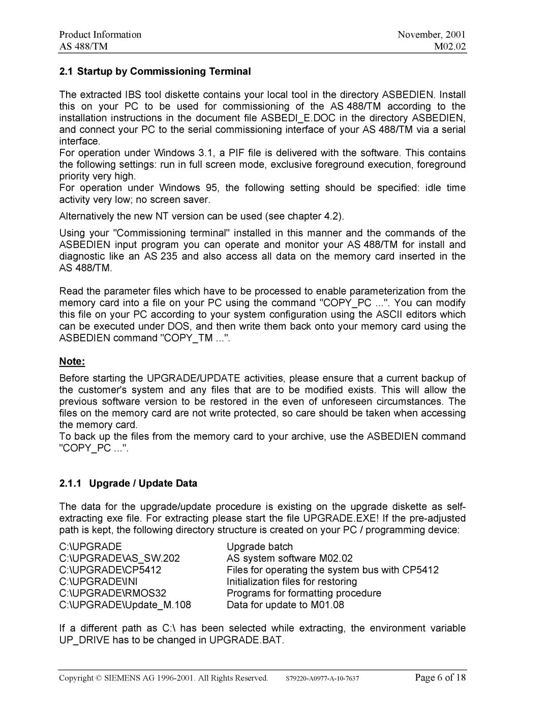 Siemens TM, AS 488 manual Startup by Commissioning Terminal, Upgrade / Update Data 