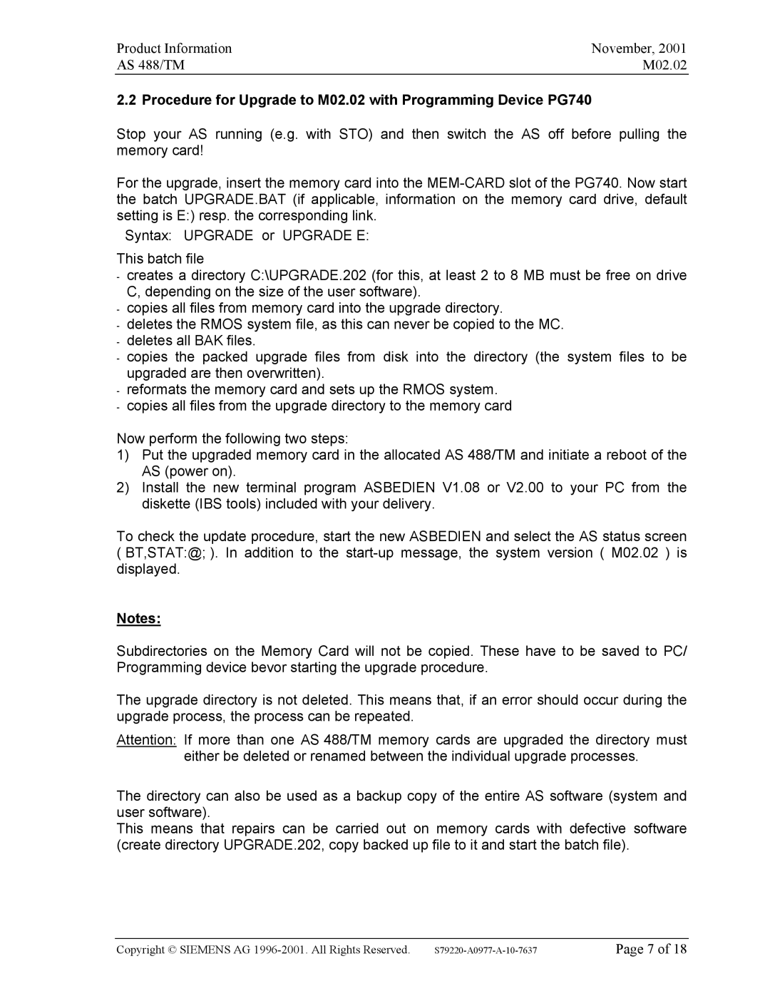 Siemens manual Product Information November AS 488/TM M02.02 