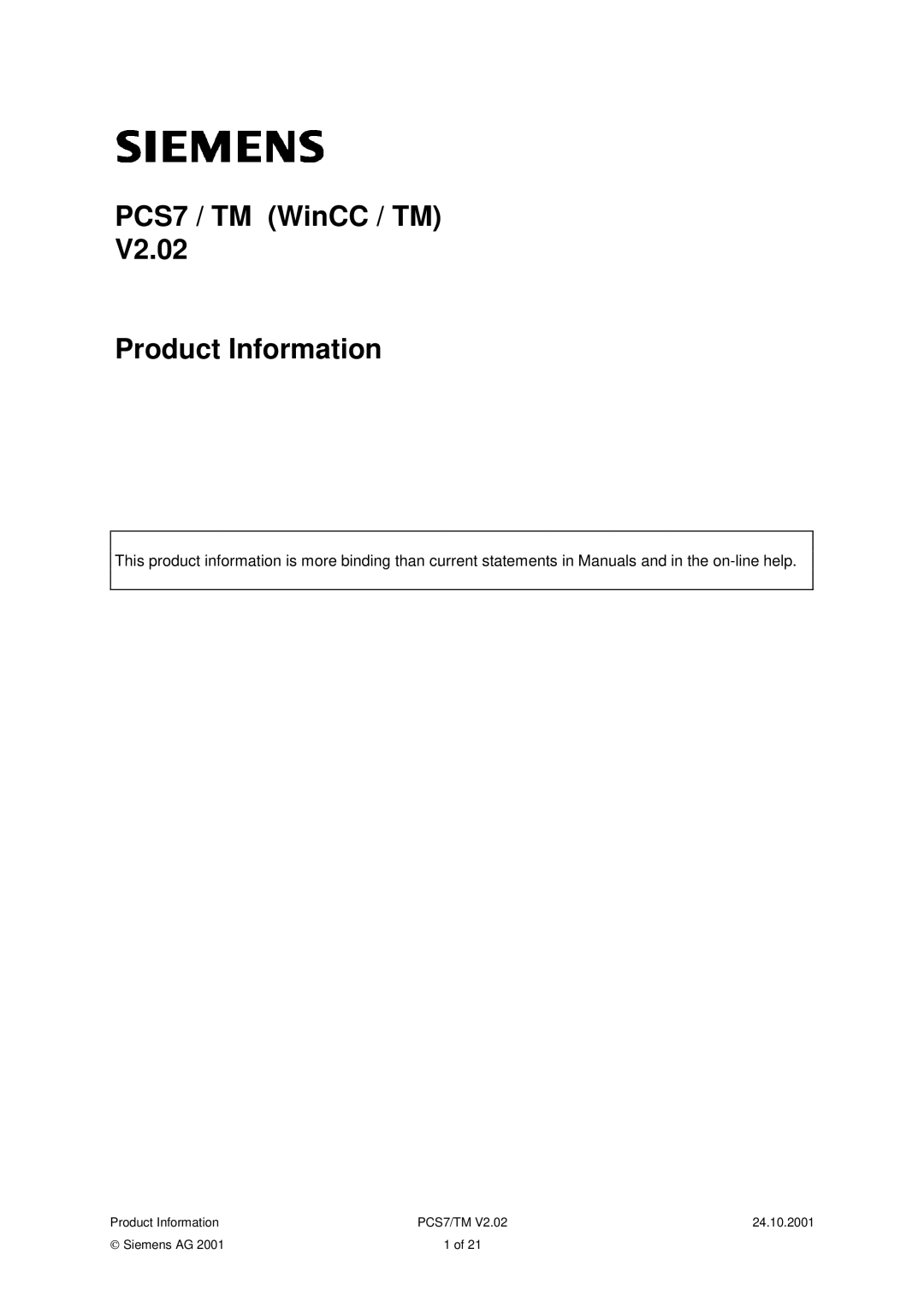 Siemens manual PCS7 / TM WinCC / TM V2.02 Product Information 