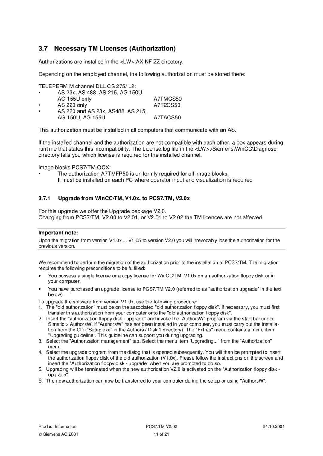 Siemens manual Necessary TM Licenses Authorization, Upgrade from WinCC/TM, V1.0x, to PCS7/TM, Important note 