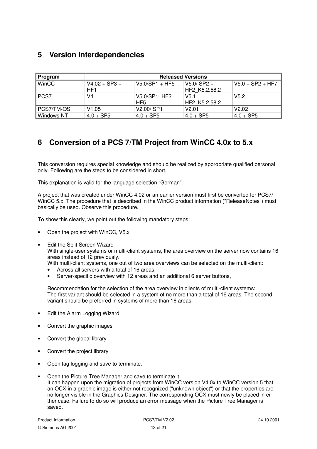 Siemens PCS7 Version Interdependencies, Conversion of a PCS 7/TM Project from WinCC 4.0x to, Program, Released Versions 