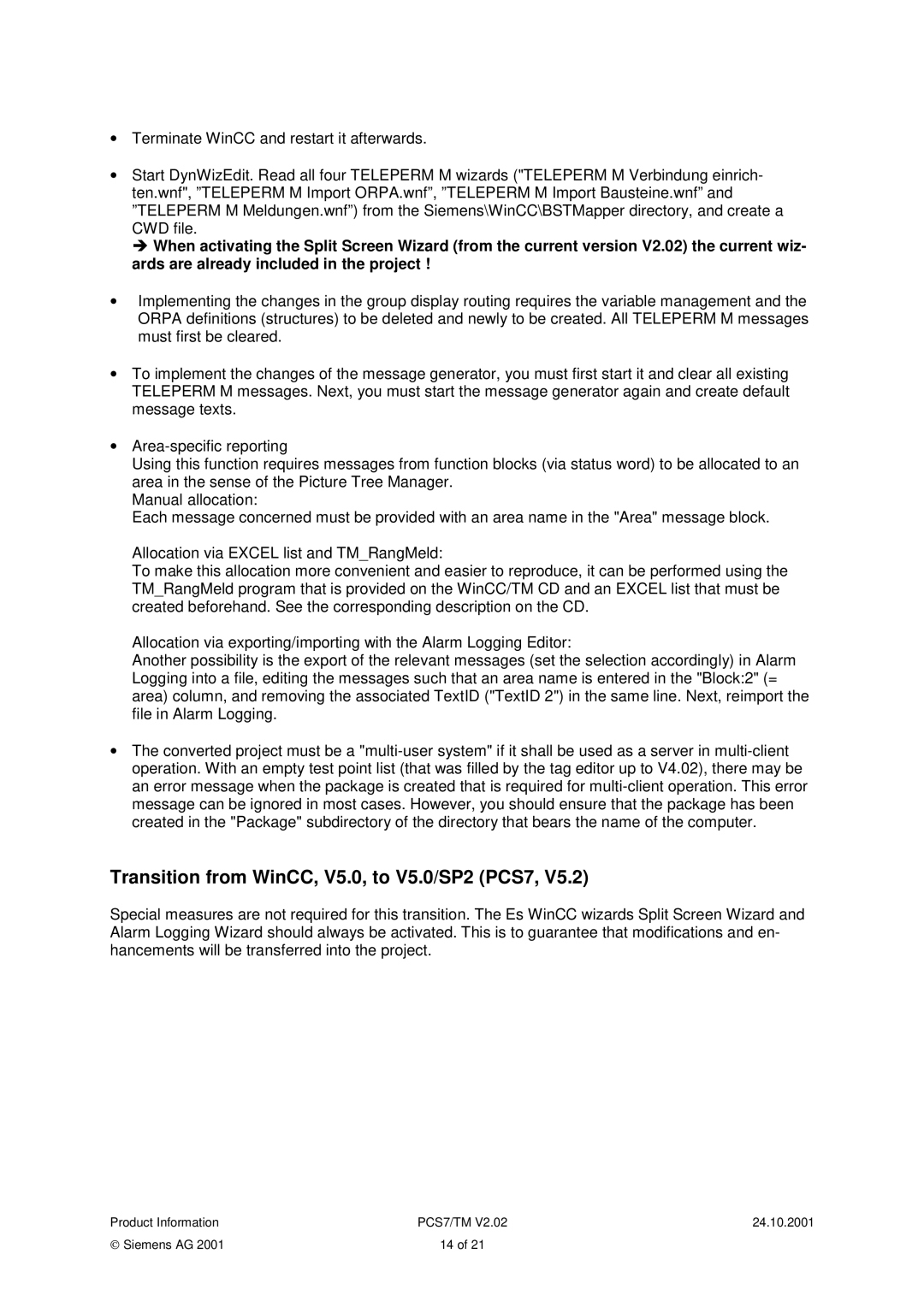 Siemens TM manual Transition from WinCC, V5.0, to V5.0/SP2 PCS7 