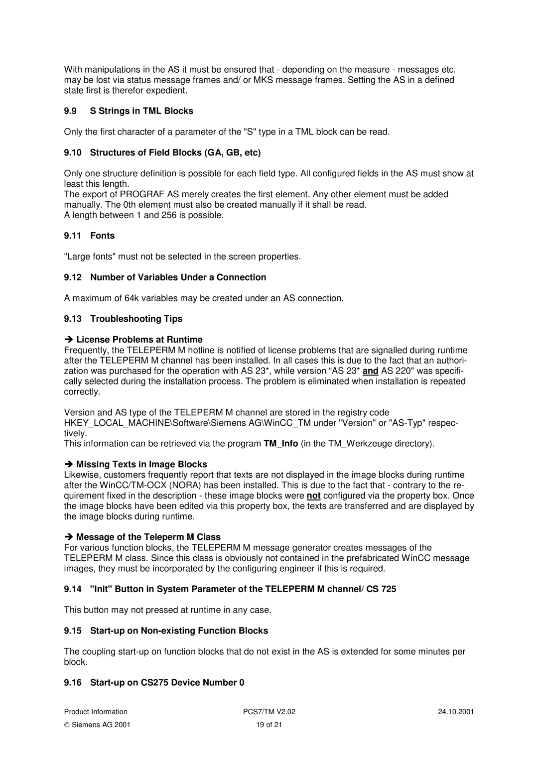 Siemens PCS7 Strings in TML Blocks, Structures of Field Blocks GA, GB, etc, Fonts, Number of Variables Under a Connection 