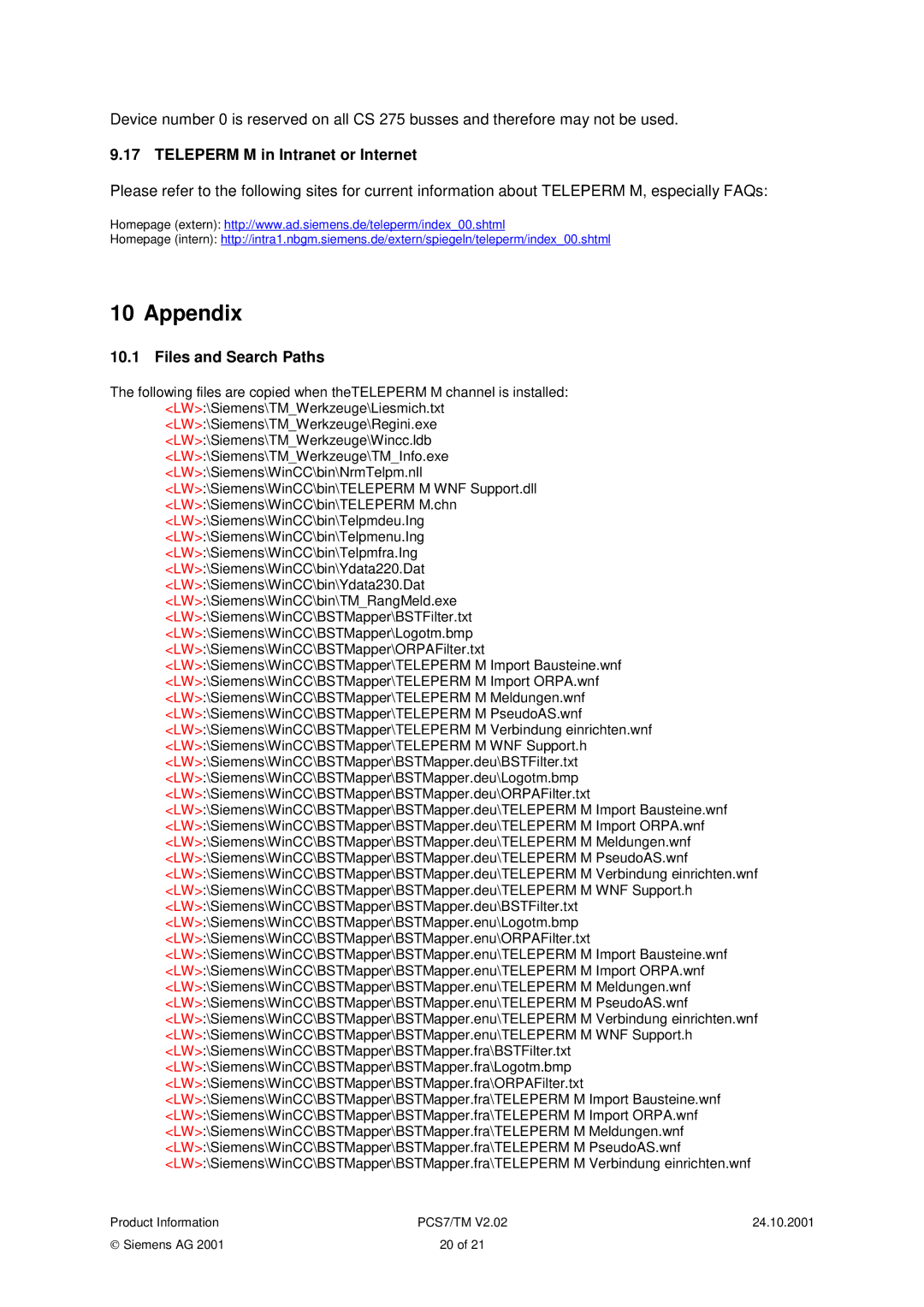 Siemens TM, PCS7 manual Appendix, Teleperm M in Intranet or Internet, Files and Search Paths 