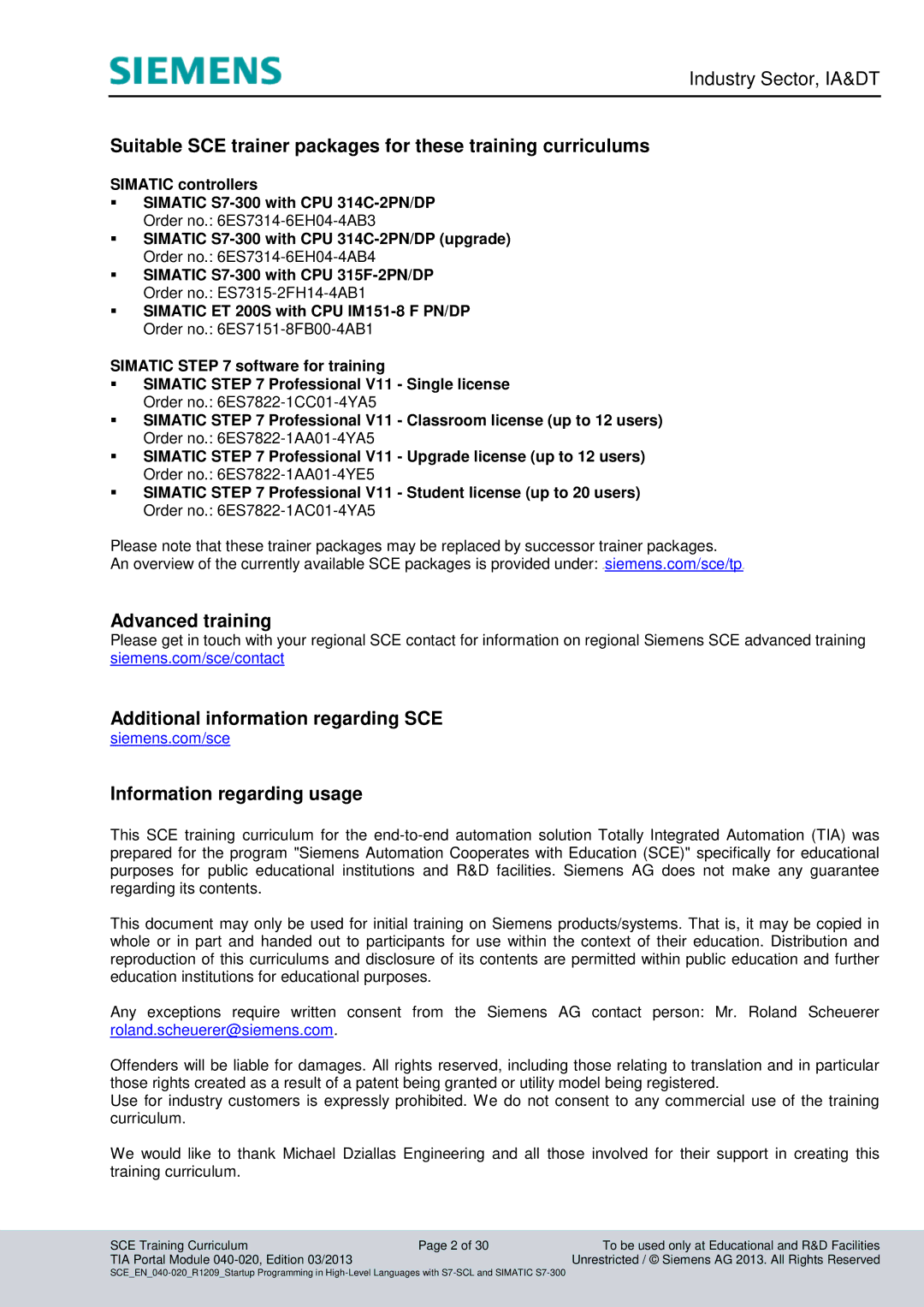 Siemens TOA portal module 040-020 manual Suitable SCE trainer packages for these training curriculums 