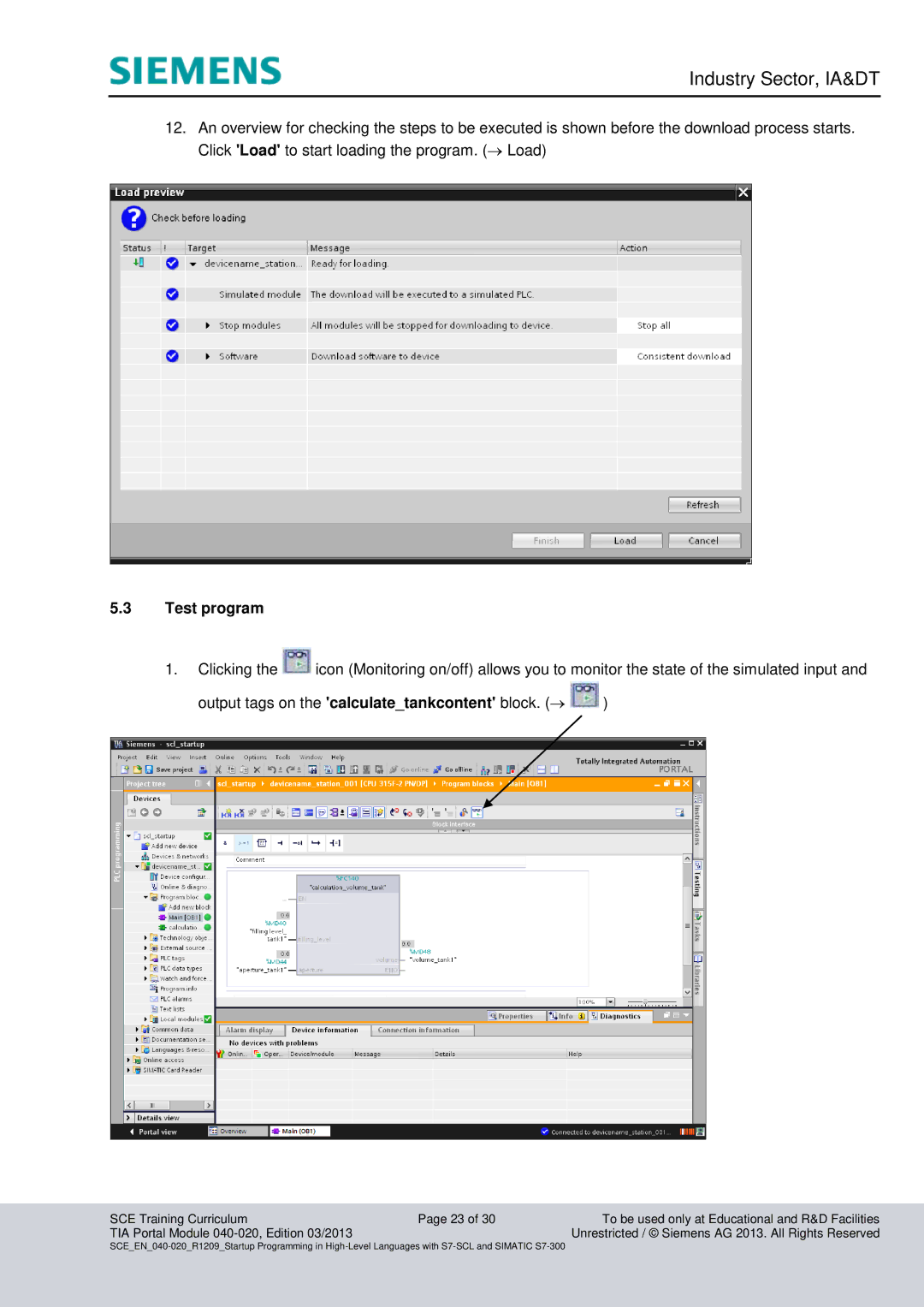 Siemens TOA portal module 040-020 manual Test program 