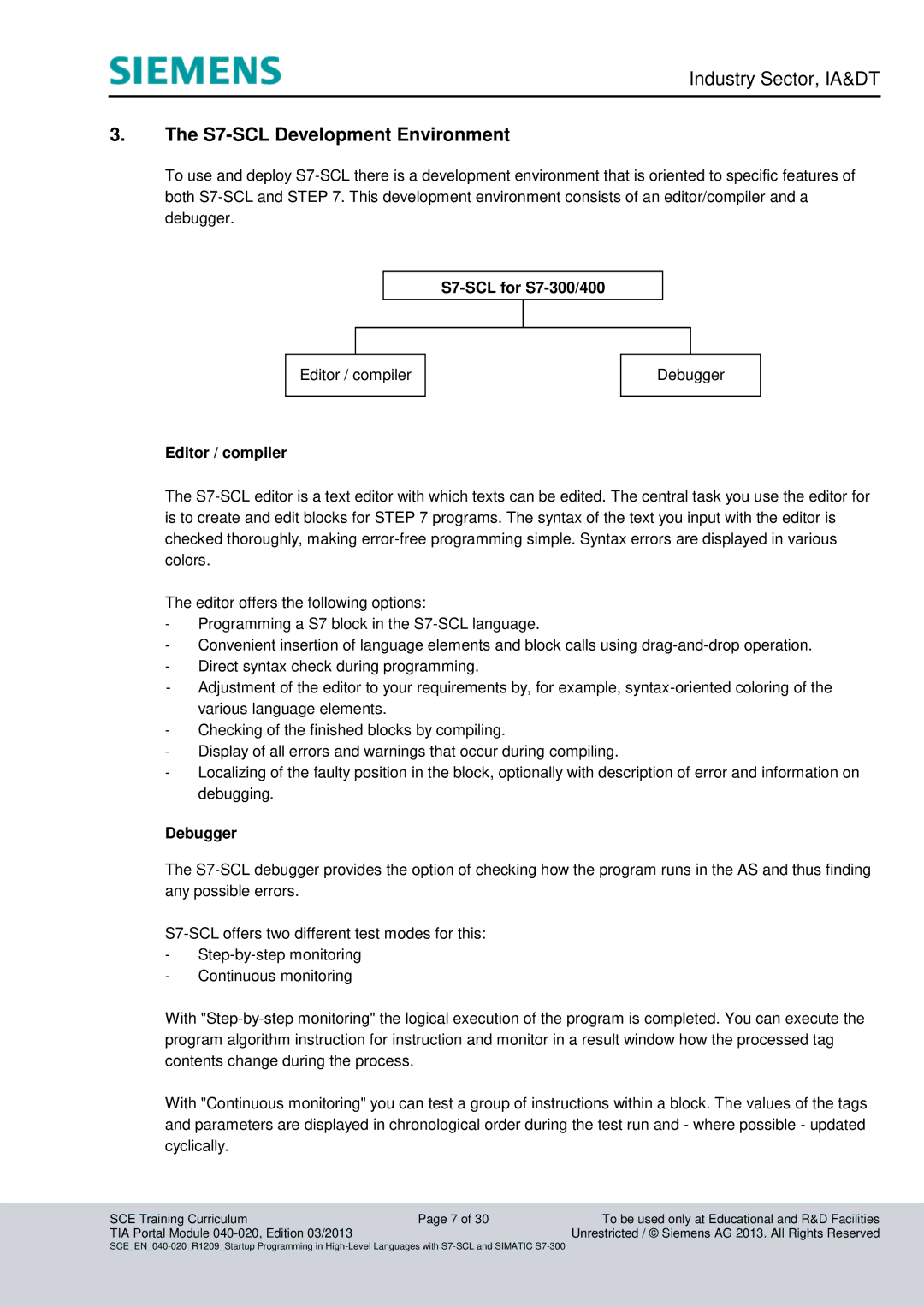 Siemens TOA portal module 040-020 manual S7-SCL for S7-300/400, Editor / compiler, Debugger 